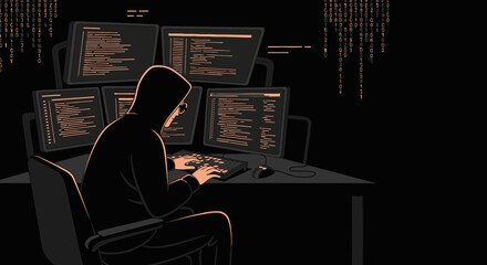Mysterious Coder Working On Multiple Screens In Dark Cyber Space Illustration
