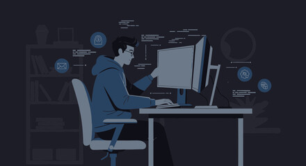 Young Man Working On Computer With Various Digital Data In Dark Environment