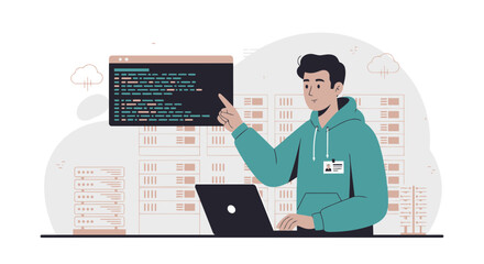 Young Programmer Working With Laptop In Data Center With Server Racks