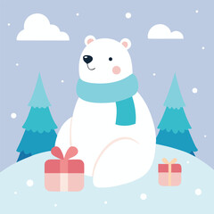 adorable polar bear winter scene with scarf gifts pine trees and snowfall illustration