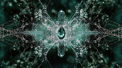 Intricate web design with water droplets.