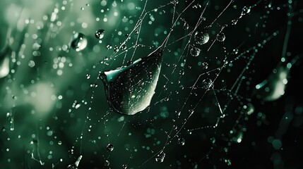 Water droplets on a spiderweb in deep teal.