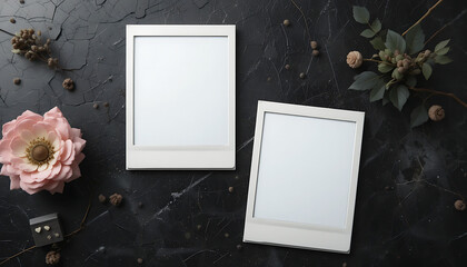 Two Polaroid-style white photo frames with blank screens, accented by pink flowers and greenery on a dark background 4K and HD image