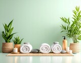 Tło spa z białymi kwiatami, roślinami, okrągłymi kamieniami i zwiniętymi ręcznikami. Baner salonu piękności. Masaż, wellness, odpoczynek, piękno