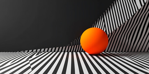 Abstract 3d rendering of an orange sphere on a striped surface against a dark grey backdrop creates modern visual