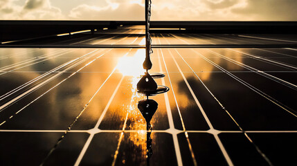 Solar panel reflecting sunset