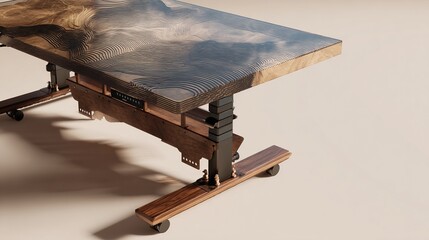 Standing desk adjustable wooden top view for ergonomic working with cloudy background use