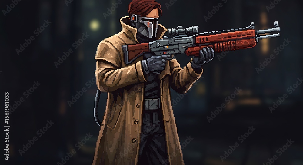 Pixel art warrior in brown coat holding rifle, set in a dark urban ...