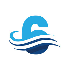 Wall Mural - the image shows a flat logo design that depicts a number 6 in blue color combination with three wavy