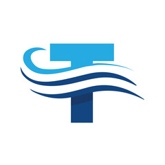 Wall Mural - the image shows a flat logo design that depicts a letter t in blue color combination with three wavy