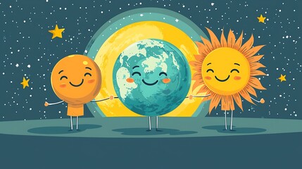 cute cartoon sun earth and moon illustration