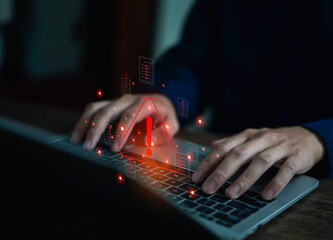Warnings exclamation mark alerts in computer systems to be aware of the dangers and risks of cyberattacks on the Internet. Malicious software to secure online logins on websites	