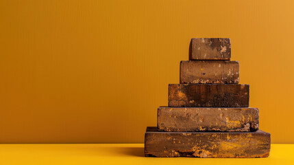 Wall Mural - stacked wooden blocks create abstract pyramid shape against warm orange background, evoking sense of