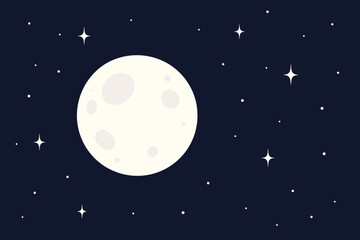 Wall Mural - Bright full moon and glowing stars in dark night sky, flat vector illustration. Celestial astronomy background, lunar phases, outer space, cosmic atmosphere, peaceful nighttime scene, no text