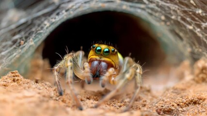 Jumping spider within intricate web tunnel.  Close-up view of a small, yellow-bodied jumping spider emerging from a silken burrow.  Vibrant colors and detailed texture