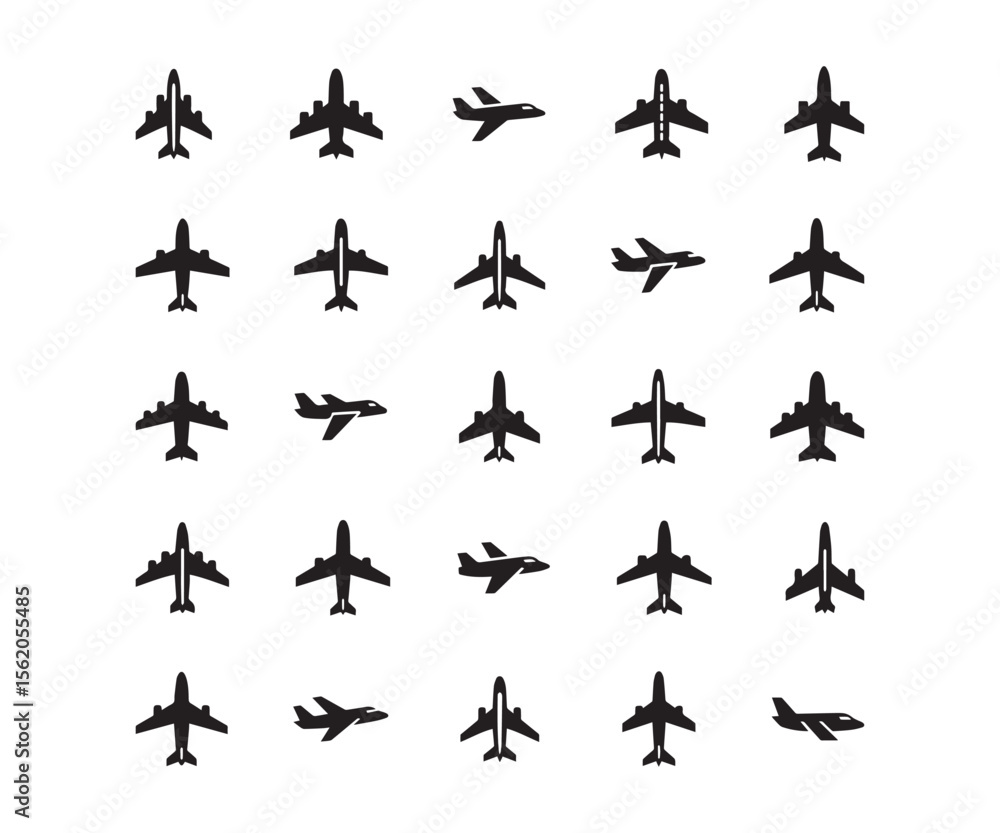 Airplane & Aircraft Icons: Black Silhouette Set for Air Travel & Aviation