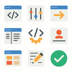 Collection of interface elements and development icons in a flat design style
