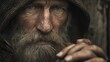 © Image Tree - A weathered face, etched with time, framed by a rustic hood and beard. Eyes hold a quiet strength, a story untold.