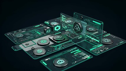 Futuristic digital interface with transparent screens and tech icons
