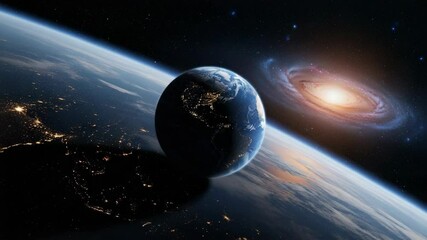 Wall Mural - Beautiful Earth View from Space with Spiral Galaxy in Background