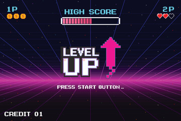 Wall Mural - level up icon pixel art. 8 bit game. retro game. retro futurism sci-fi background. glowing neon grid