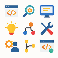 Set of colorful flat vector icons representing web development and programming concepts
