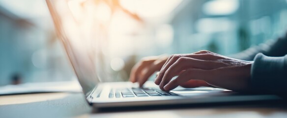 the hands typing on a laptop in a contemporary workspace setting.