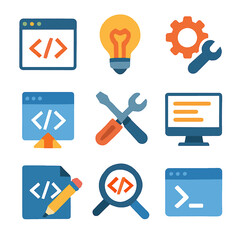 Software development icons featuring coding, debugging, and problem-solving elements
