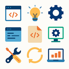 Vector Illustration of Coding, Development, and Technical Support Icons Set on White Background