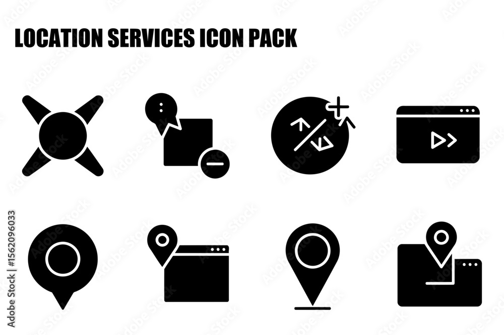 Location services icon set with various elements, including map pins ...