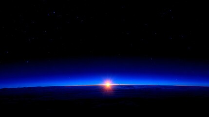 Sunrise over Earth in deep blue outer space with glowing atmosphere and distant stars, symbolizing global unity, cosmic wonder, space exploration, planet Earth, and scientific discovery