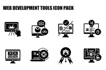 Web development tools icon pack featuring various website building and management tools. Simple black and white illustrations of computer screens and related elements presented in a grid format.