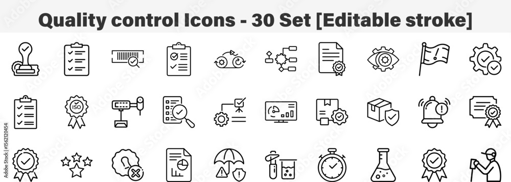 Quality control Icons 30 Set. Line Art Icon Collection. Editable Stroke ...