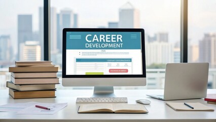 a modern workspace with a computer displaying a career development webpage, surrounded by books, not