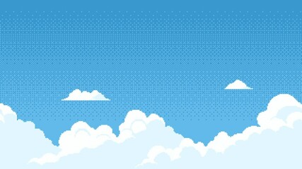Wall Mural - seamless blue sky with pixelated floating clouds. game level background for arcade video animation.