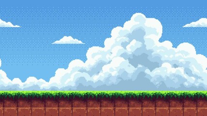 Wall Mural - pixel art game level background with moving clouds over green grass and brown earth platform, animat