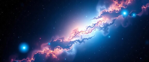 Abstract cosmic nebula with bright, light blue and white illuminated spots on a dark grainy background,  stellar,  universe
