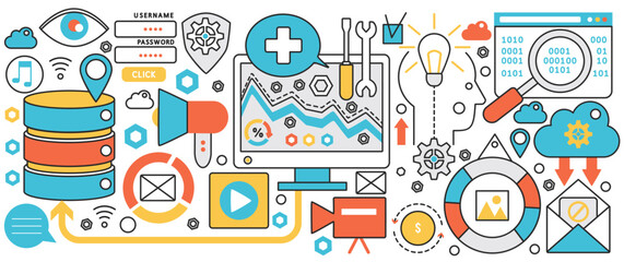 Seo internet network technology. Digital target analysis for optimization, business growth and development, report and promotion online service in infographic concept banner, thin line art design