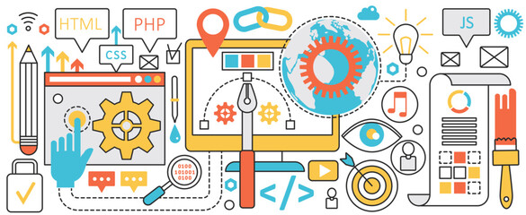 Web development technology for business growth. Content information analysis with program software and seo, adaptive code and responsive website in infographic concept banner, thin line art design