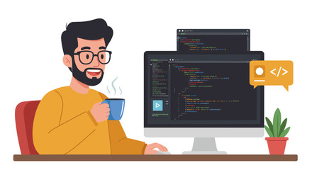 Developer at work vector illustration - coding, programming, software design for digital projects in flat style