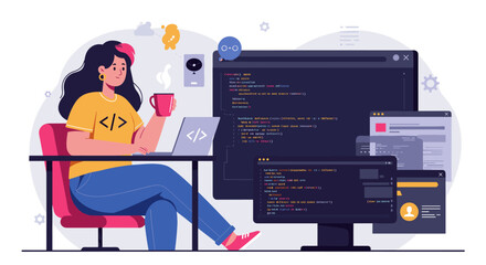 Programmer working in modern office environment vector illustration for tech and design projects