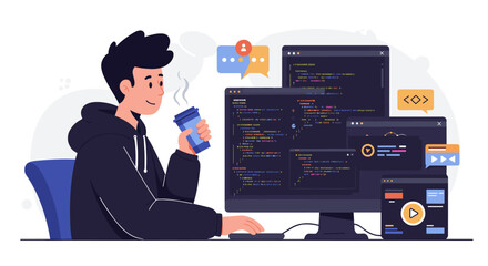 Programmer at work with dual monitors coding scene - vector illustration for tech design and digital projects