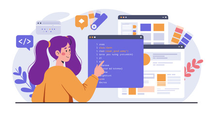 Female programmer in a flat style vector illustration of software development and coding concept