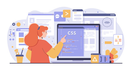 Web development concept with css code and programmer vector illustration for digital design projects