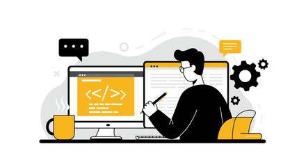 Developer workspace concept with code on screen, flat vector illustration for technology and web design