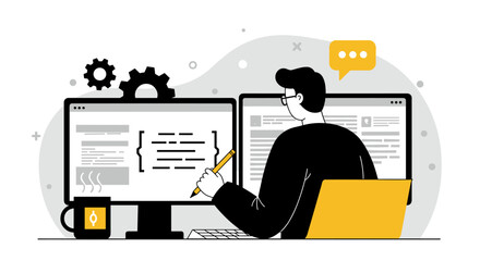 Software development process concept vector illustration for technology-themed design and print in flat style