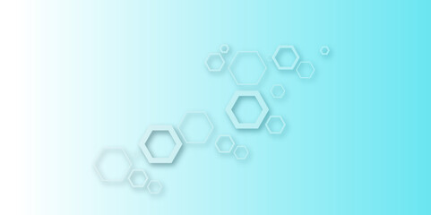 Wall Mural - Abstract pastel hexagon pattern on white background with soft blue gradient. Modern geometric design with 3D shadow effect, ideal for tech, medical, or futuristic-themed presentations.