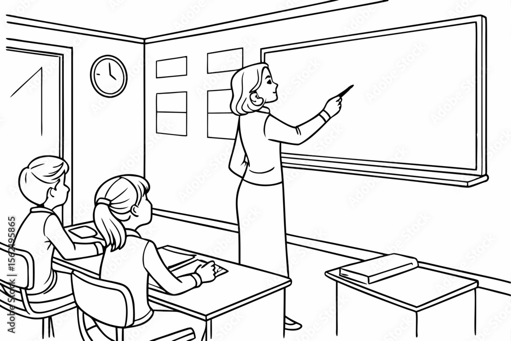 Line art coloring page of a classroom with a teacher writing on a ...