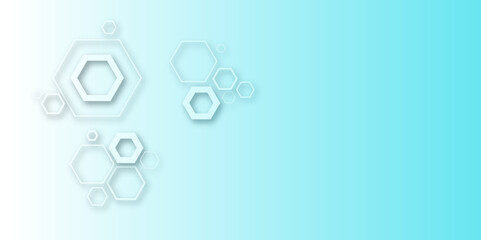Wall Mural - Abstract pastel hexagon pattern on white background with soft blue gradient. Modern geometric design with 3D shadow effect, ideal for tech, medical, or futuristic-themed presentations.