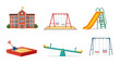 © Matheus - Illustration of a school building with playground equipment including swings and a slide and sandbox